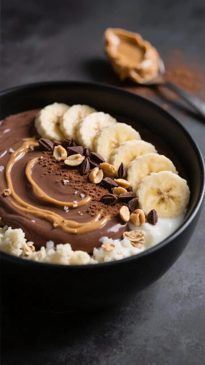 Close-up, straight-on hero shot of a Chocolate PB Recovery Bowl with an ultra-dense, velvety chocolate base (frozen banana, frozen cauliflower rice, Greek yogurt, milk, chocolate protein, cocoa, oats, vanilla, cinnamon, sea salt) swirled into a matte black bowl; warm peanut butter drizzle ribboned over the top, garnished with neat rows of sliced banana, cacao nibs, and crushed peanuts for crunch; tiny cocoa dusting on the rim, a spoonful of peanut butter and a scoop of chocolate protein in soft blur behind; rich, milkshake-like decadence with moody, directional light that emphasizes creamy texture.