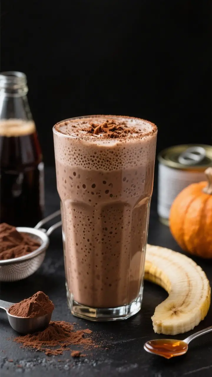Close-up, straight-on hero shot of a Mocha Pumpkin Protein Shake in a tall chilled glass, ultra-thick and milkshake-smooth with micro-bubbles; chocolate-cocoa dusting and a light sprinkle of pumpkin pie spice on top; props include a cold brew bottle, scoop of chocolate protein powder spilling slightly, cocoa powder in a sieve, a frozen banana slice, and canned pumpkin spoonful; optional maple syrup shown in background; cool coffeehouse vibe with matte black backdrop and a soft rim light to emphasize texture