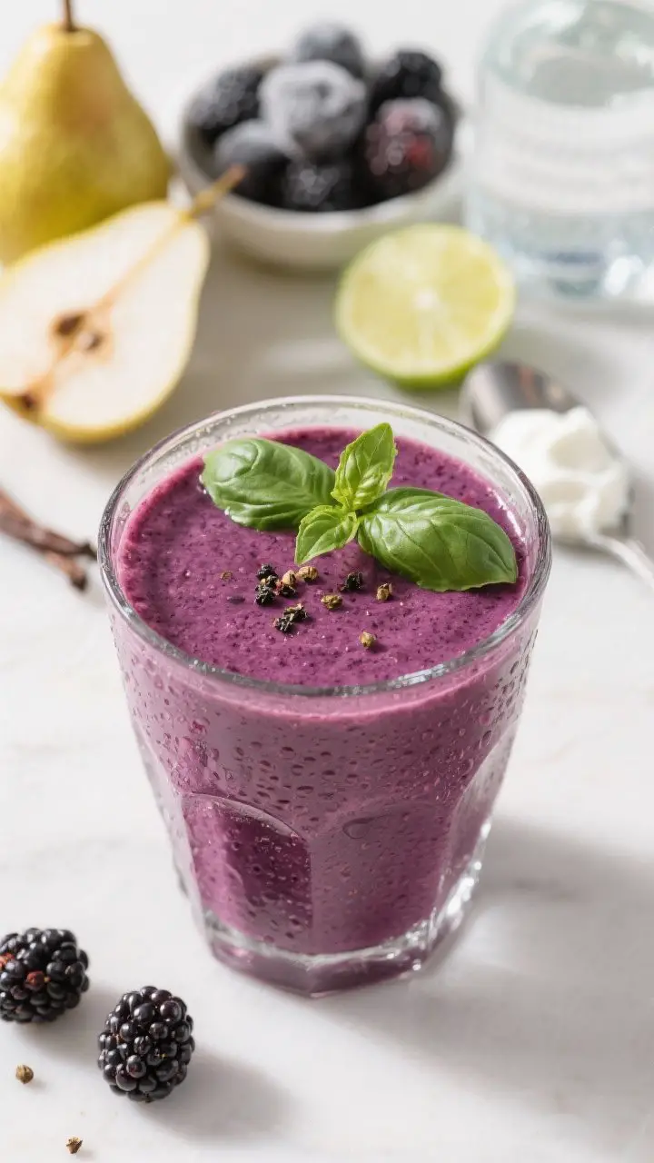 Close-up straight-on shot of the Blackberry Basil Refresher with a protein kick: a vibrant deep-purple smoothie in a chilled glass with condensation, garnished with a fresh basil leaf and a tiny crack of black pepper on the surface. In soft focus behind: frozen blackberries, a ripe pear half, vanilla/unflavored protein scoop, coconut water, a wedge of lime, and a spoon of Greek yogurt. Bright, airy afternoon light, fragrant herbal mood, silky texture with tiny blackberry sheen.