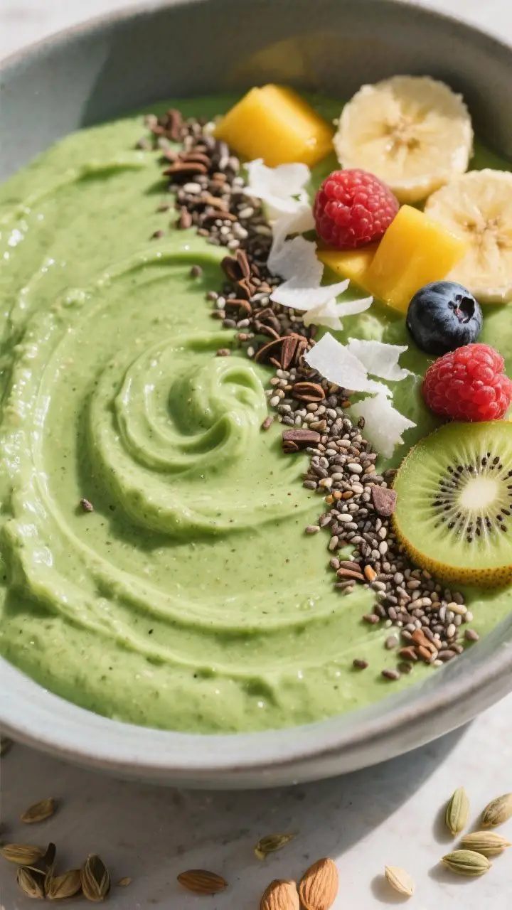 Close-up top-down smoothie bowl: ultra-thick creamy green base (almond milk, spinach, cucumber, frozen banana and mango, chia, lemon, ginger, pinch of salt) swirled smooth in a matte bowl; toppings arranged in neat lines—cacao nibs for crunchy contrast, unsweetened coconut flakes, fresh berries and sliced kiwi, plus a few pumpkin and hemp seeds; luminous morning light, dewy freshness, dessert-like yet clean, no straws or hands.