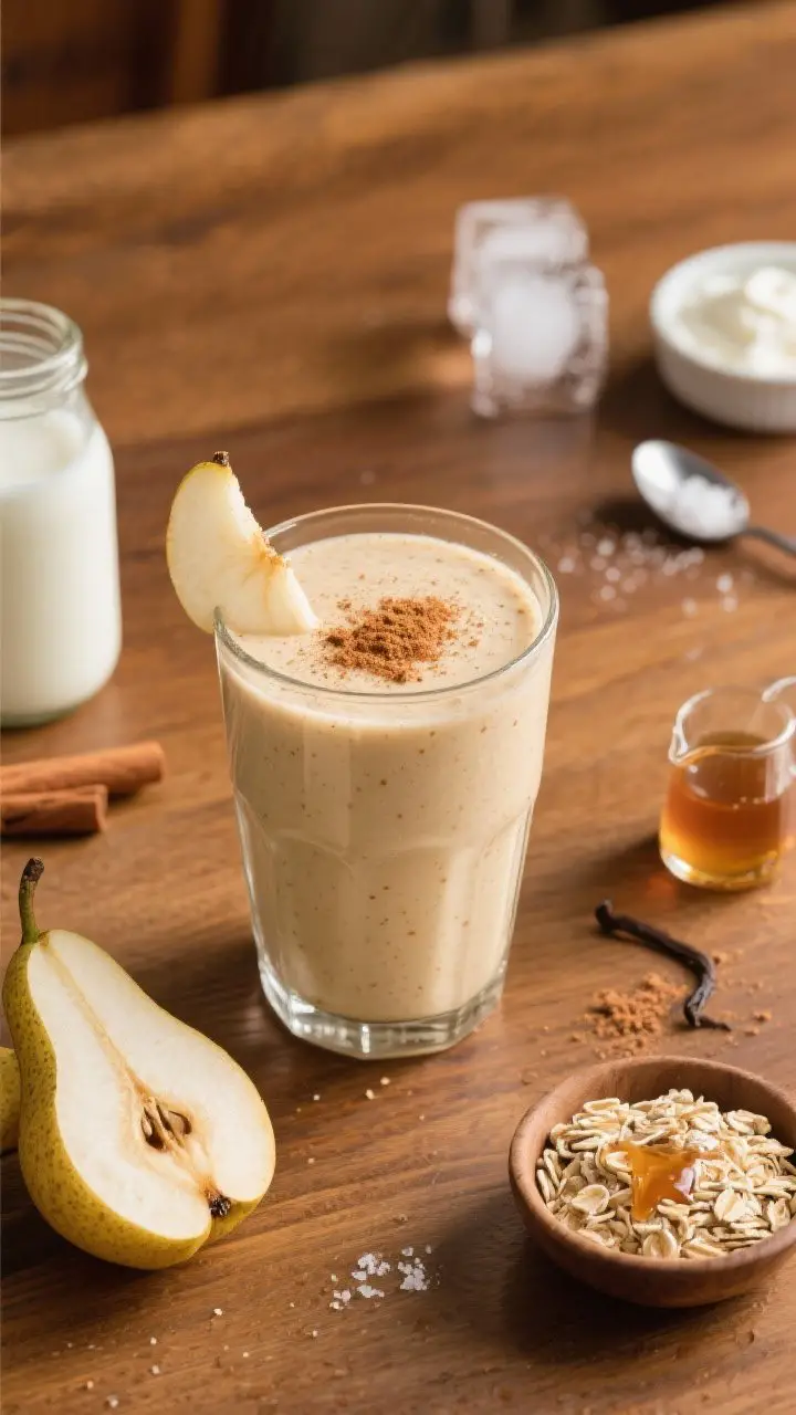 Cozy Pear Pie Smoothie — final presentation, 45-degree angle: A creamy, cinnamon-dusted pear pie smoothie poured into a chilled clear glass set on a warm wood table, autumnal mood. Visible specks of cinnamon and nutmeg in the pale beige smoothie, thick and velvety. Garnish with a light sprinkle of ground cinnamon on top and a thin pear slice on the rim. Style with nearby ingredients: a ripe chopped pear (skin on), half a frozen banana, a small bowl of rolled oats, a drizzle of maple syrup in a tiny pitcher, a dash of vanilla extract, and a pinch bowl of sea salt. Include a jar of unsweetened vanilla almond milk and a spoonful of plain Greek yogurt in the background, plus a couple of ice cubes beading with condensation. Soft, cozy lighting, shallow depth of field for an inviting, dessert-for-breakfast vibe.