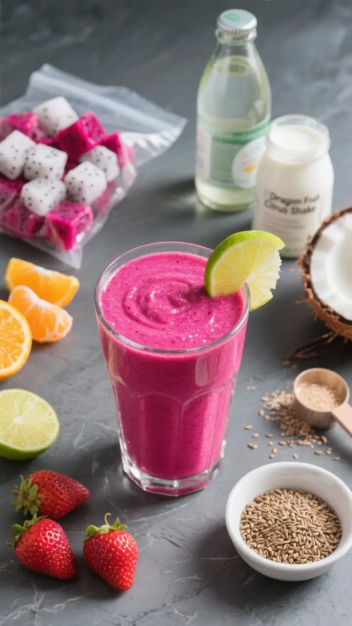 Dynamic 45-degree final hero of the “Dragon Fruit Citrus Shake”: an electric hot-pink smoothie in a clear glass, ultra-smooth with a thick texture, topped with a lime wedge; surrounding scene features frozen dragon fruit cubes/smoothie pack, frozen strawberries, peeled orange segments, lime, coconut water in a bottle, Greek/soy yogurt, vanilla/strawberry protein scoop, and ground flaxseed in a tiny dish; vibrant, high-contrast styling on a cool slate surface, crisp focus, irresistibly camera-worthy.