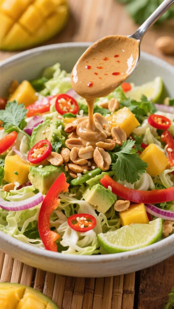 Dynamic overhead shot of a Spicy Mango-Avocado Crunch Salad being dressed: a large bowl filled with shredded napa cabbage, thin red bell pepper strips, red onion slivers, diced juicy mango, chopped cilantro and mint, gently folded with creamy diced avocado. A spoon streams glossy chili-lime peanut dressing (peanut butter, lime, soy/tamari, honey/maple, sesame oil, sriracha) over the salad. Finish with chopped roasted peanuts and thin serrano rounds on top. Bright tropical palette (sunny yellows, greens, reds), crisp-crunch textures, picnic-ready energy on a bamboo or teak surface.
