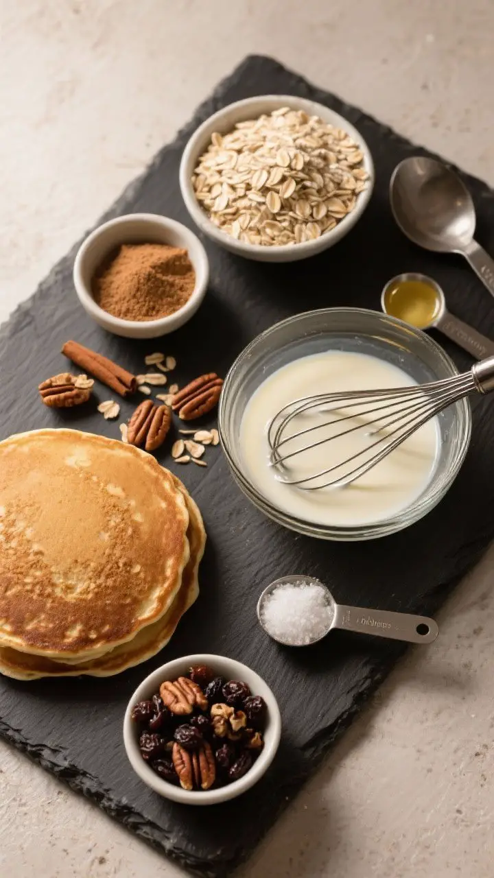 Ingredient-prep flat lay: Oatmeal cookie pancake setup on a dark slate board—rolled oats soaking in warm milk in a glass bowl, whole wheat flour, brown sugar, baking powder, cinnamon, nutmeg, and salt measured in small pinch bowls; raisins, chopped pecans, vanilla, and melted coconut oil ready to add; a whisk, measuring spoons, and a ladle nearby; labels implied by arrangement, earthy tones and tactile textures; soft, diffused top light for clarity and warmth.