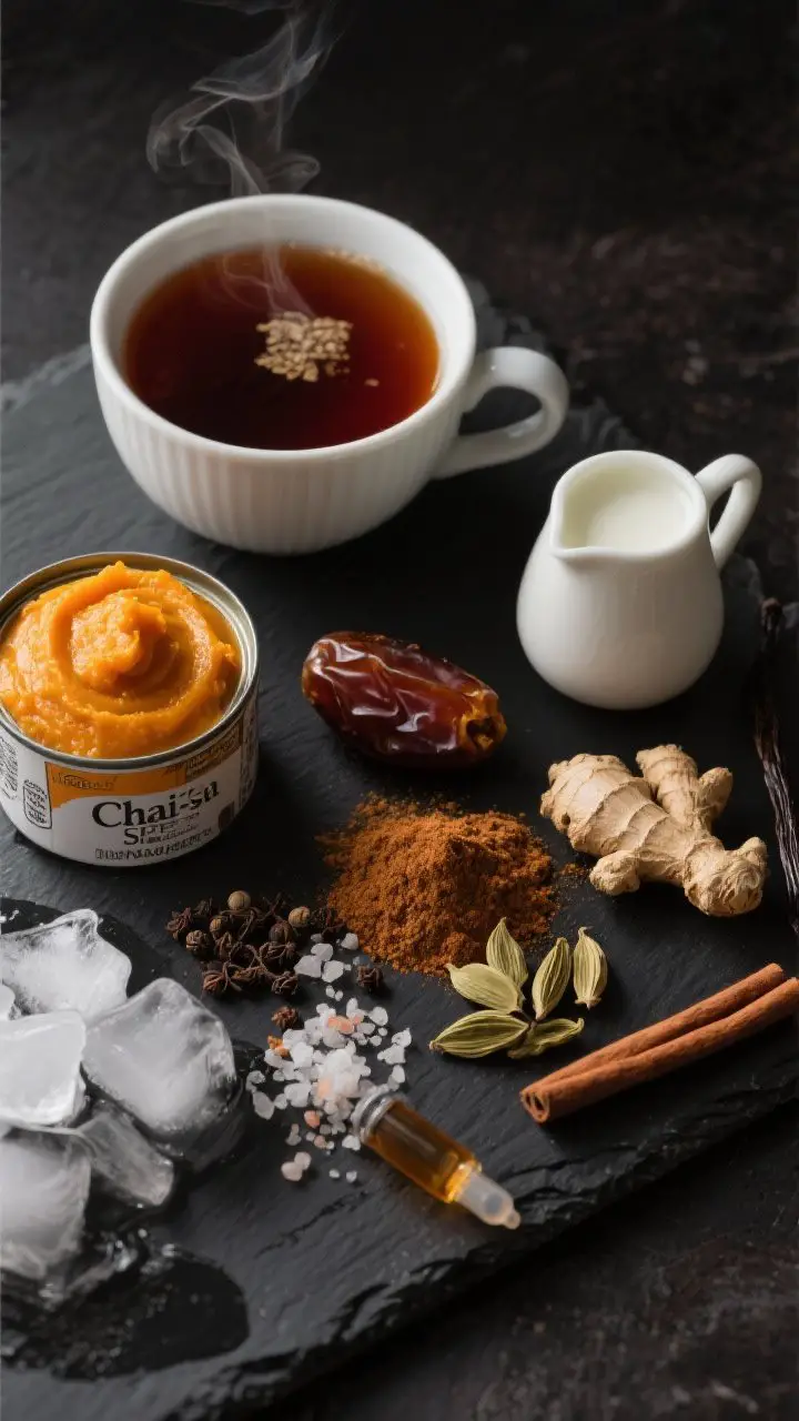 Ingredients flat lay for a Chai-Spiced Pumpkin Smoothie on a dark slate board: a cup of strong brewed chai tea (deep amber) cooling with faint steam, a neat dollop of canned pumpkin puree, carton coconut milk in a small pitcher, a pitted Medjool date, measured mounds of ground ginger, cinnamon, cardamom, and allspice, a pinch of black pepper and sea salt, vanilla extract dropper, and a pile of ice cubes; labels implied by composition, moody directional light for warmth and spice, clean editorial styling