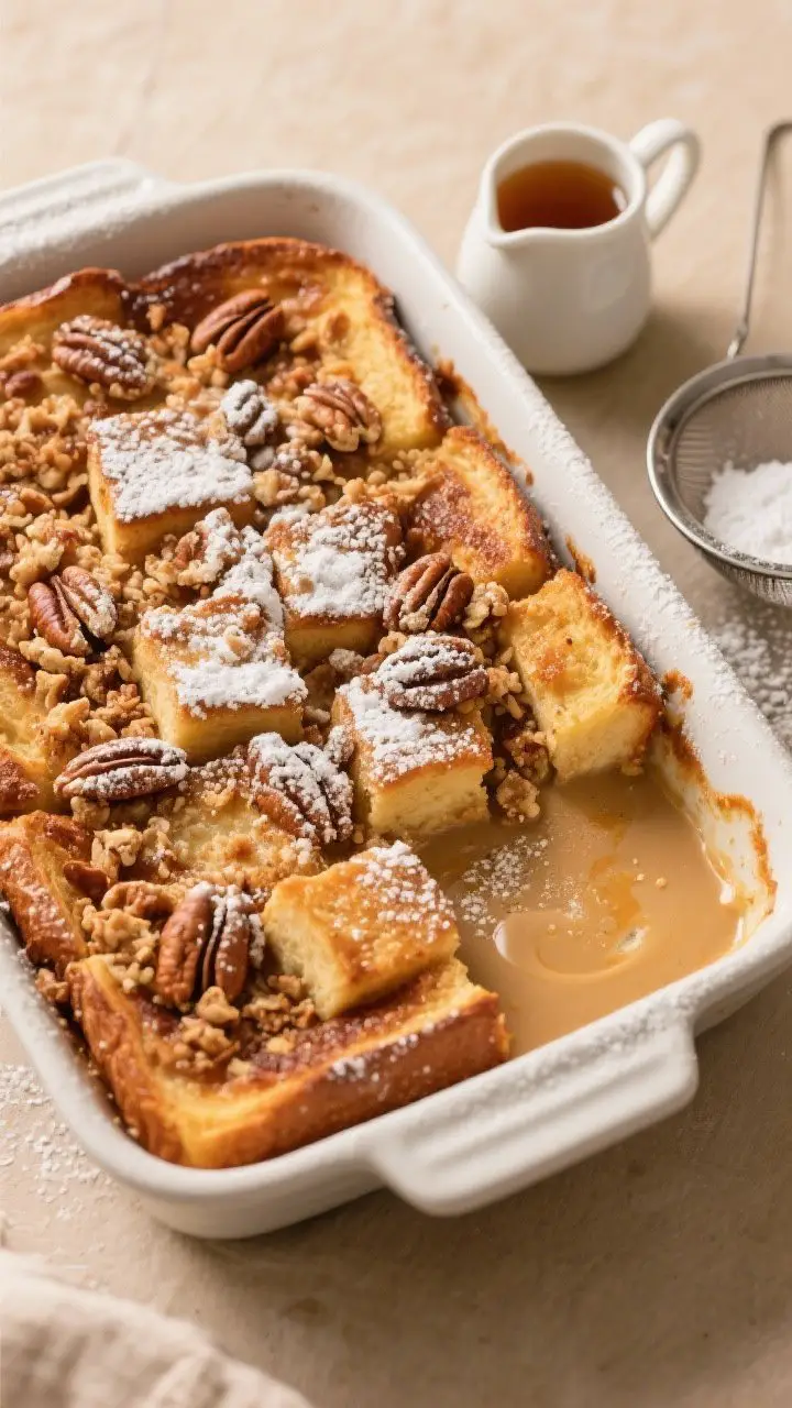 Overhead casserole shot of chai-spiced baked French toast in a 9x13 dish, puffed and golden with an even layer of crunchy pecan streusel; powdered sugar dusted over crackly peaks, edges caramelized; a small pitcher of maple syrup and a sieve with powdered sugar to the side; warm neutral background, soft morning light; visible cubes of brioche soaked in chai custard for a cozy bakery feel.
