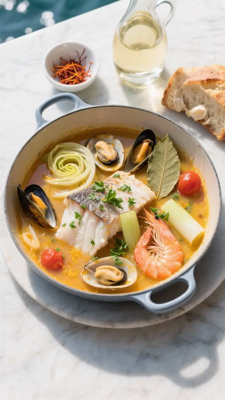Overhead coastal-inspired ingredient-to-finish scene for Ligurian fish stew: a shallow, wide pot with saffron-tinted broth showing fennel slices, leeks, cherry tomatoes, and a bay leaf; just-added seafood arranged naturally—chunks of white fish, opened mussels and clams, and pink shrimp—sprinkled with chopped parsley and fennel fronds; a small bowl with saffron threads, a carafe of dry white wine, and crusty toasted garlic bread on the side; bright, clean daylight with cool Mediterranean tones, crisp reflections on the broth.
