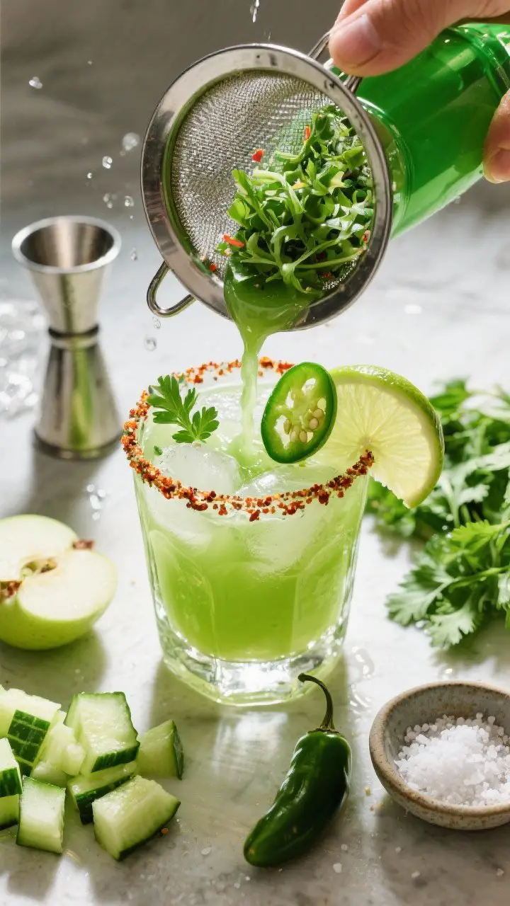 Overhead cocktail-style pour shot: Spicy Green Reviver with aragula, jalapeño, and lime being strained into a rocks glass over ice for a super clean finish; vivid green liquid streaming through a fine-mesh strainer. The glass is rimmed with chili-lime seasoning, a thin jalapeño slice floats on top, lime wedge on the rim, a few cilantro leaves nearby. Around the scene: chopped cucumber, green apple pieces, half a seeded jalapeño, bunch of cilantro, a small bowl of sea salt, and a splash of water in a jigger. Energetic brunch vibe, bold color pops, crisp directional light.