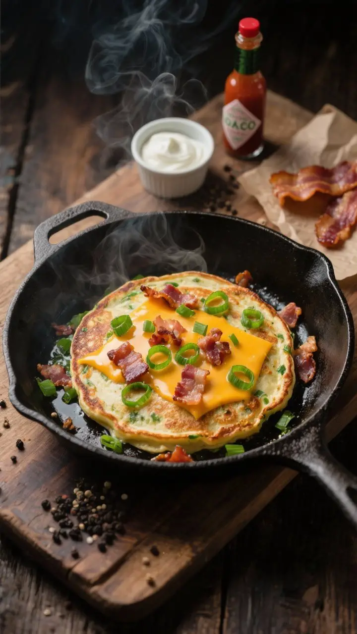 Overhead cooking-process shot: Savory scallion-cheddar pancakes sizzling on a cast-iron skillet swiped with bacon fat, surfaces dotted with melted sharp cheddar pockets, green scallion rings, and crumbled thick-cut bacon; a small ramekin of sour cream with chives and a bottle of hot sauce at the edge; coarse black pepper scattered on the board, reserved bacon slices on parchment; rustic wooden surface, moody directional light, wisps of steam, crisped edges emphasized.