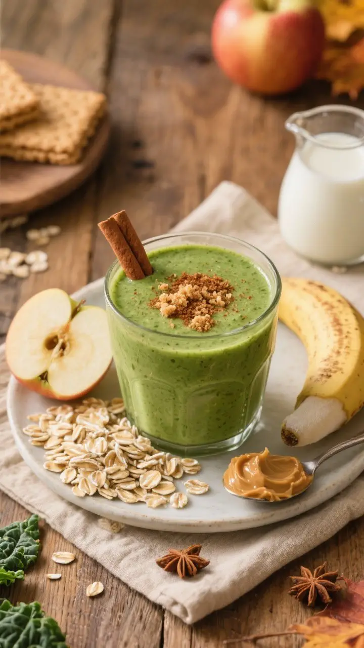 Overhead cozy breakfast scene for “Apple Pie Kale Smoothie With Oats”: a hearty, cinnamon-speckled green smoothie in a wide glass, topped with a dusting of cinnamon and a few crushed graham cracker crumbs; arranged with rolled oats, chopped Honeycrisp apple, half a frozen banana, a spoonful of almond butter, a pinch of nutmeg, and a small jug of oat milk; warm, autumnal tones on a rustic wooden table with a beige linen, inviting and satisfying mood.