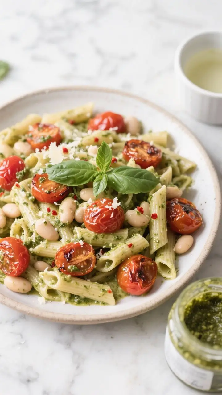Overhead creamy White Bean Pesto Pasta with Roasted Cherry Tomatoes: whole-wheat pasta coated in silky cannellini bean–basil pesto sauce, flecked with red pepper flakes and a light dusting of grated Parmesan; blistered cherry tomatoes burst and folded through, juices staining the sauce slightly; fresh torn basil scattered on top; a small cup of reserved pasta water and a jar of pesto at the edge of the frame; clean marble backdrop, soft natural light, comforting yet refined.