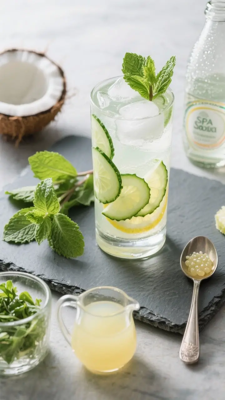 Overhead flat lay: Cucumber Mint Spa Lemonade assembly scene on a cool slate board. In the center, a tall highball glass packed with crescent ice, thin English cucumber rounds fanned along the inner wall, pale citrusy liquid, and a generous mint sprig garnish. Around it: muddled mint leaves at the bottom of a mixing glass, a small pitcher of lemon juice, a teaspoon with a bead of agave, and a chilled bottle of coconut water with condensation. Clean, spa-like palette of greens and soft yellows, airy midday light, ultra-hydrating mood.