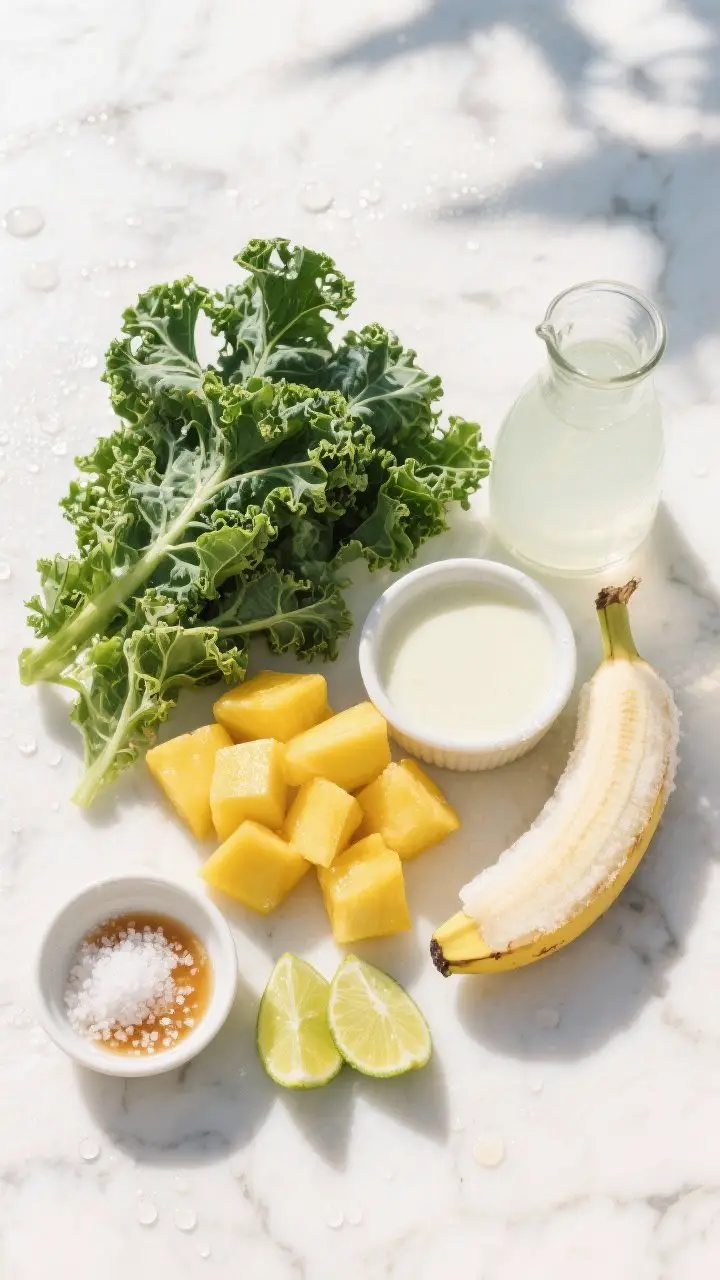 Overhead flat-lay ingredient shot for “Tropical Kale Crusher”: vibrant curly kale leaves (stems removed), frozen pineapple and mango chunks, half a frozen banana, a small carafe of unsweetened coconut water, a ramekin of light coconut milk, fresh lime wedges and a small dish of sea salt with a tiny honey/maple drizzle option; bright, beachy mood on a sunlit white marble surface with scattered condensation on fruit, color palette of tropical yellows and greens, clean minimal props, no people.
