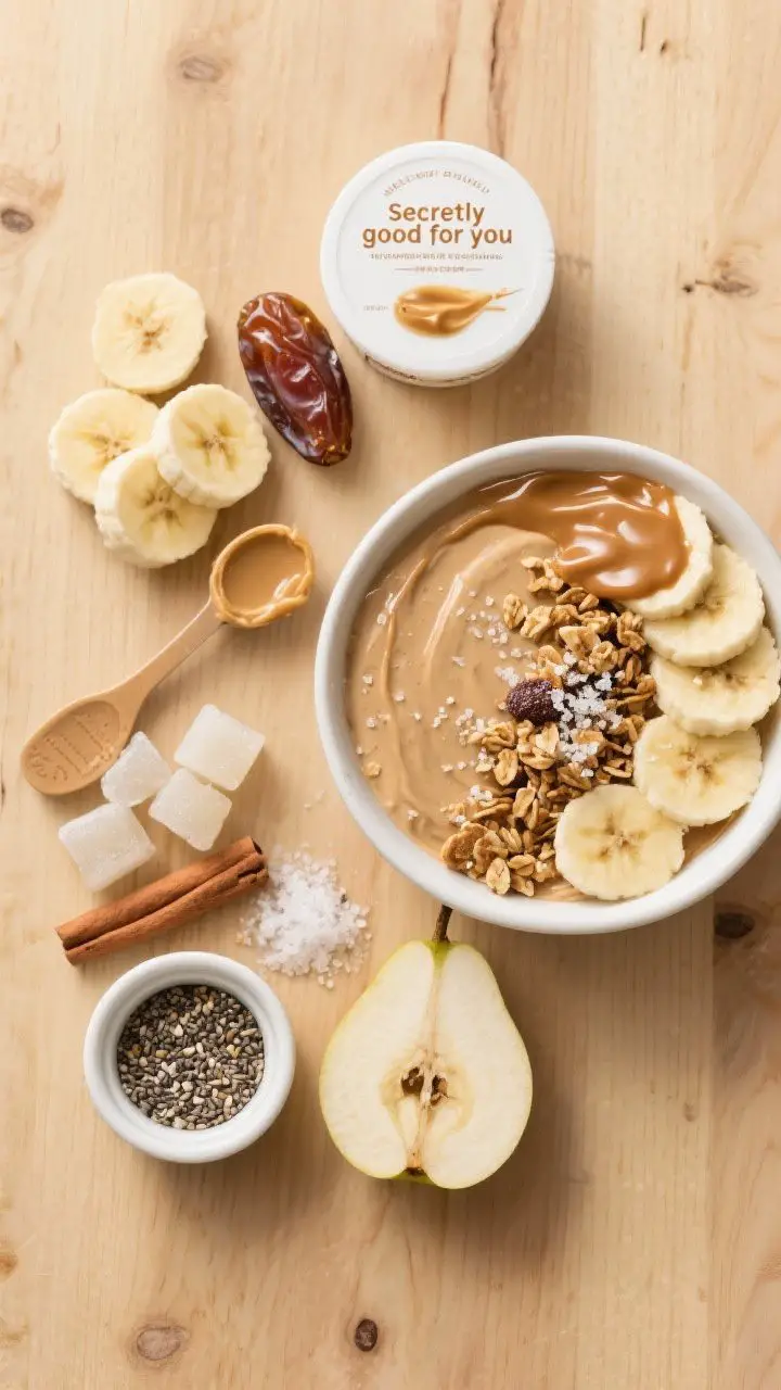 Overhead flat-lay ingredient-to-final transition for the Salted Caramel Banana Bowl: left side shows neatly arranged raw elements—frozen banana rounds, a pitted Medjool date, vanilla Greek yogurt tub, caramel/vanilla protein scoop, almond butter spoon, chia/hemp seeds, frozen pear cubes, cinnamon pinch, and flaky sea salt in a ramekin; right side features the finished bowl with an ultra-creamy, pale caramel-beige base, topped with sliced banana, crunchy granola, a glossy tahini/almond butter drizzle, and a sparkle of flaky salt; warm, dessert-like tones on a light wood surface, conveying “secretly good for you” indulgence.
