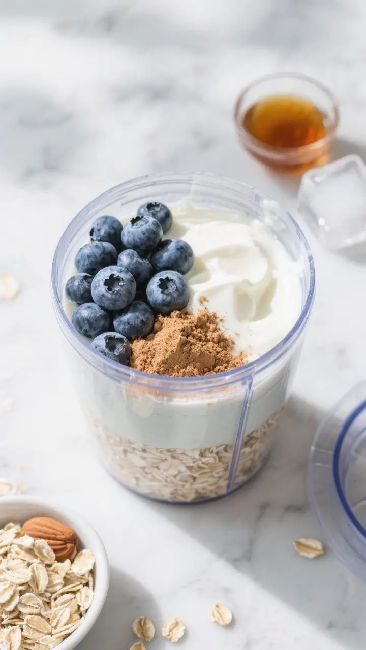 Overhead flat lay of a Blueberry Muffin Muscle Shake being prepped: a blender jar with unsweetened almond milk, plain Greek yogurt, and vanilla extract at the bottom, layered with rolled oats, vanilla protein powder, cinnamon, and a heap of frozen blueberries on top; optional maple syrup and a couple ice cubes nearby. Style with a small bowl of oats and crushed almonds for topping, cool blue and oatmeal tones, clean marble surface, bright morning light, crisp textures of oats and frosty berries, no people.