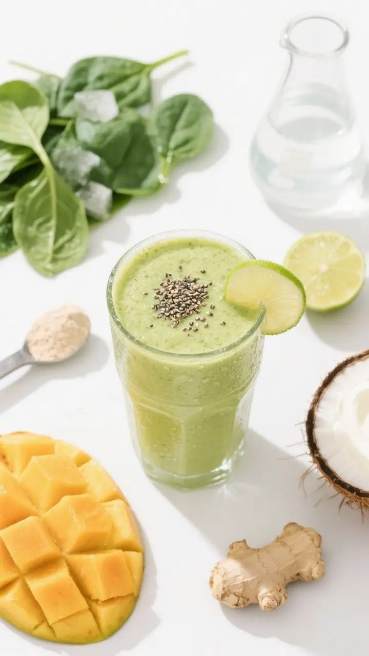 Overhead flat lay of a bright Tropical Greens smoothie scene: a vibrant light-green banana–spinach–pineapple–mango protein smoothie in a tall glass with condensation, topped with a sprinkle of chia seeds and a lime wedge; surrounding ingredient layout includes baby spinach leaves, frozen pineapple and mango chunks, a scoop of vanilla protein powder, Greek yogurt, a halved lime, coconut water in a clear beaker, and a tiny nub of fresh ginger; crisp, sunny color palette (greens, yellows, oranges), clean white background, minimal props for a fresh, energizing, not-too-healthy-looking aesthetic.