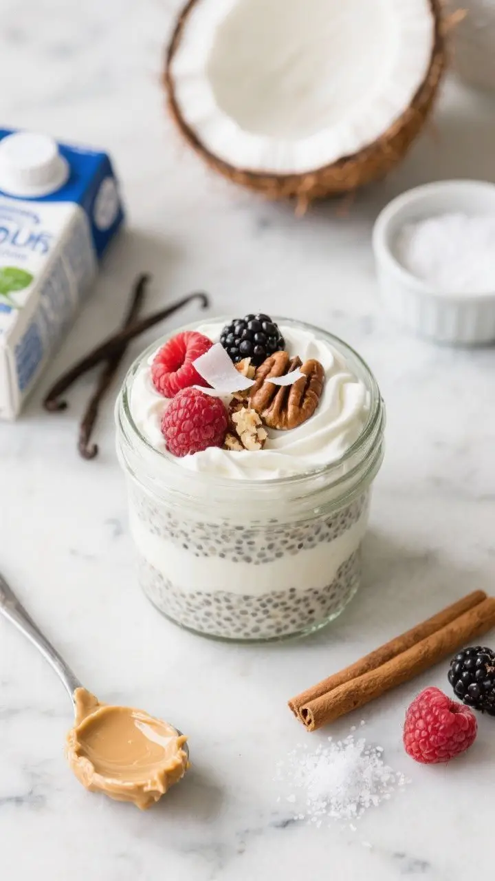 Overhead flat lay of a creamy coconut chia pudding parfait layered in a clear glass jar: pale coconut base with visible chia seeds, swirls of heavy cream, minimal raspberries and blackberries, chopped pecans, toasted unsweetened coconut flakes on top; nearby ingredients arranged artfully—carton coconut milk, vanilla extract, powdered erythritol/monk fruit, cinnamon, and a pinch of sea salt; optional spoonful of almond butter ready to layer; cool, clean tones on a marble surface for a make-ahead vibe.