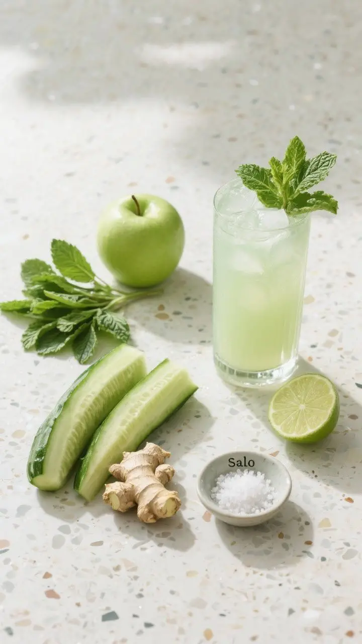 Overhead flat lay of a Cucumber Mint Cooler ingredient-prep scene: two peeled cucumbers, green apple, a neat fan of mint leaves (10–12), peeled 1-inch ginger, half a lime, and a tiny pinch bowl labeled sea salt; next to them, the final pale green juice over ice in a tall highball with extra mint; serene spa-like styling on a light terrazzo surface, minimal props, ultra-hydrating feel.