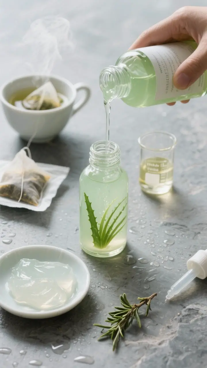 Overhead flat lay of a freshly mixed green tea + aloe calming toner being poured into a small clear glass bottle: a cooled, pale green tea base with aloe gel whisked in until perfectly smooth. Surround with a neat mise en place—steaming cup now cooled, tea sachets, a small dish of clear aloe gel, a tiny beaker of alcohol-free witch hazel, and a micro dropper with tea tree oil (optional). Place everything on a cool gray stone surface with condensation hints for a chilled vibe, labels minimal and clean, spa-calm mood.