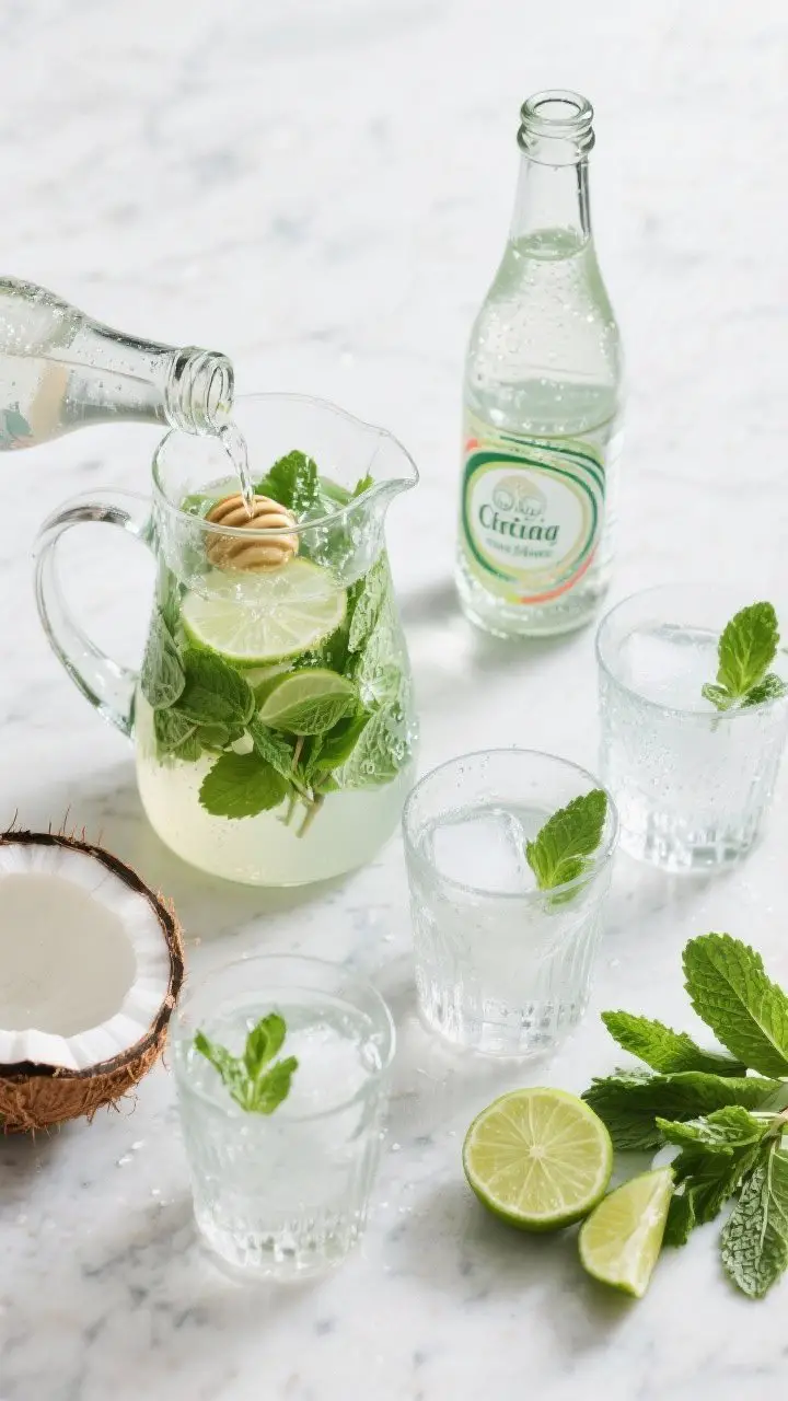 Overhead flat lay of a Lime & Mint Coconut Refresher being assembled: a glass pitcher with muddled mint leaves glistening in fresh lime juice and a touch of honey, a bottle of chilled coconut water mid-pour, sparkling water in a slim bottle to the side, ice-filled highball glasses waiting. Garnish elements—lime wheels and mint sprigs—neatly arranged. Cool, spa-like palette of greens and frosty whites on a light marble surface, condensation on glassware, crisp lighting for an ultra-refreshing vibe.