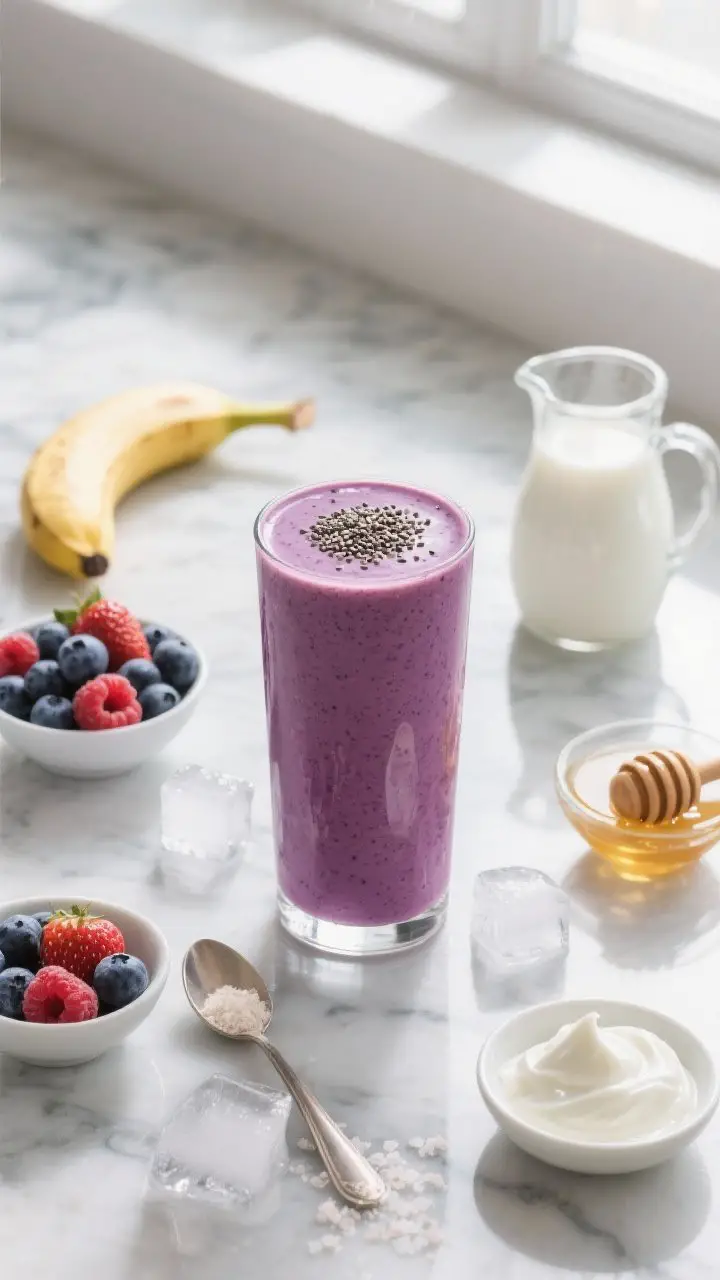 Overhead flat lay of a tall glass of Berry Blast Recovery smoothie, deep magenta-purple and silky, topped with a sprinkle of chia seeds; surrounding props include small bowls of frozen mixed berries (blueberries, strawberries, raspberries), a halved ripe banana, a spoonful of plain Greek yogurt, a scoop of vanilla protein powder, a small pitcher of unsweetened almond milk, a drizzle of honey, and a pinch dish of sea salt; a few ice cubes melting on a cool marble surface, bright natural window light, crisp reflections, clean modern styling emphasizing creamy texture and frosty edges.