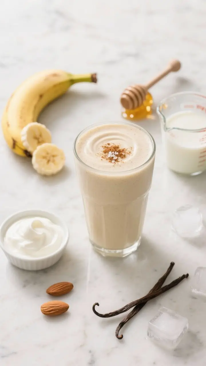 Overhead flat lay of a tall glass of the Classic Creamy Power Banana Smoothie on a light marble surface: thick, silky pale-cream smoothie with a gentle swirl on top, lightly dusted with cinnamon and a tiny pinch of flaky sea salt; nearby the raw ingredients neatly styled—ripe banana (one half sliced), plain Greek yogurt in a small ramekin, unsweetened almond milk in a clear measuring cup, vanilla extract in a dropper bottle, honey drizzler with a bead of honey, a few ice cubes melting slightly. Soft morning light, minimal props, clean, calm mood emphasizing creamy texture and everyday simplicity.