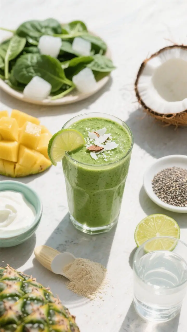 Overhead flat lay of a Tropical Greens Protein Smoothie ingredient scene on a light, sunlit surface: loose baby spinach, frozen pineapple and mango chunks, a bowl of plain Greek yogurt, a scoop of vanilla protein powder, chia seeds in a small dish, a halved lime, and a glass of coconut water. In the center, a tall glass of the finished vibrant green smoothie with a thick, creamy texture, garnished with a lime wedge and a sprinkle of coconut flakes. Bright, tropical color palette and clean styling for a sunny, vacation-in-a-glass mood.
