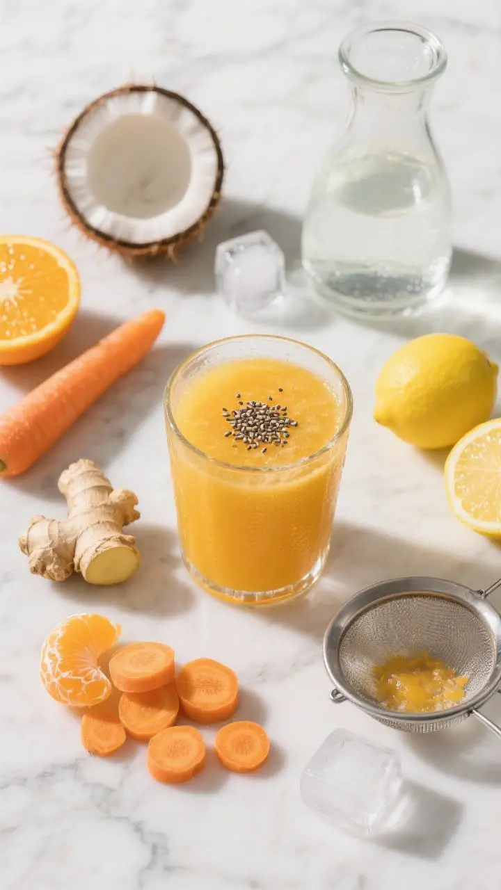 Overhead flat lay of a vibrant “Radiant Citrus Glow” juice scene: a clear highball glass filled with a golden-orange blend of carrot, orange, ginger, and lemon on a cool marble surface, faint condensation on the glass, topped with a sprinkle of chia seeds; surrounding ingredients arranged neatly—peeled orange segments, chopped scrubbed carrot coins, a peeled 1-inch nub of fresh ginger, half a peeled lemon, a small carafe of cold water/coconut water, and a few ice cubes; include a fine mesh sieve with a little pulp to imply optional straining; bright morning light, crisp shadows, color palette of sunny orange, warm gold, and zesty yellow, spa-clean styling, no people.