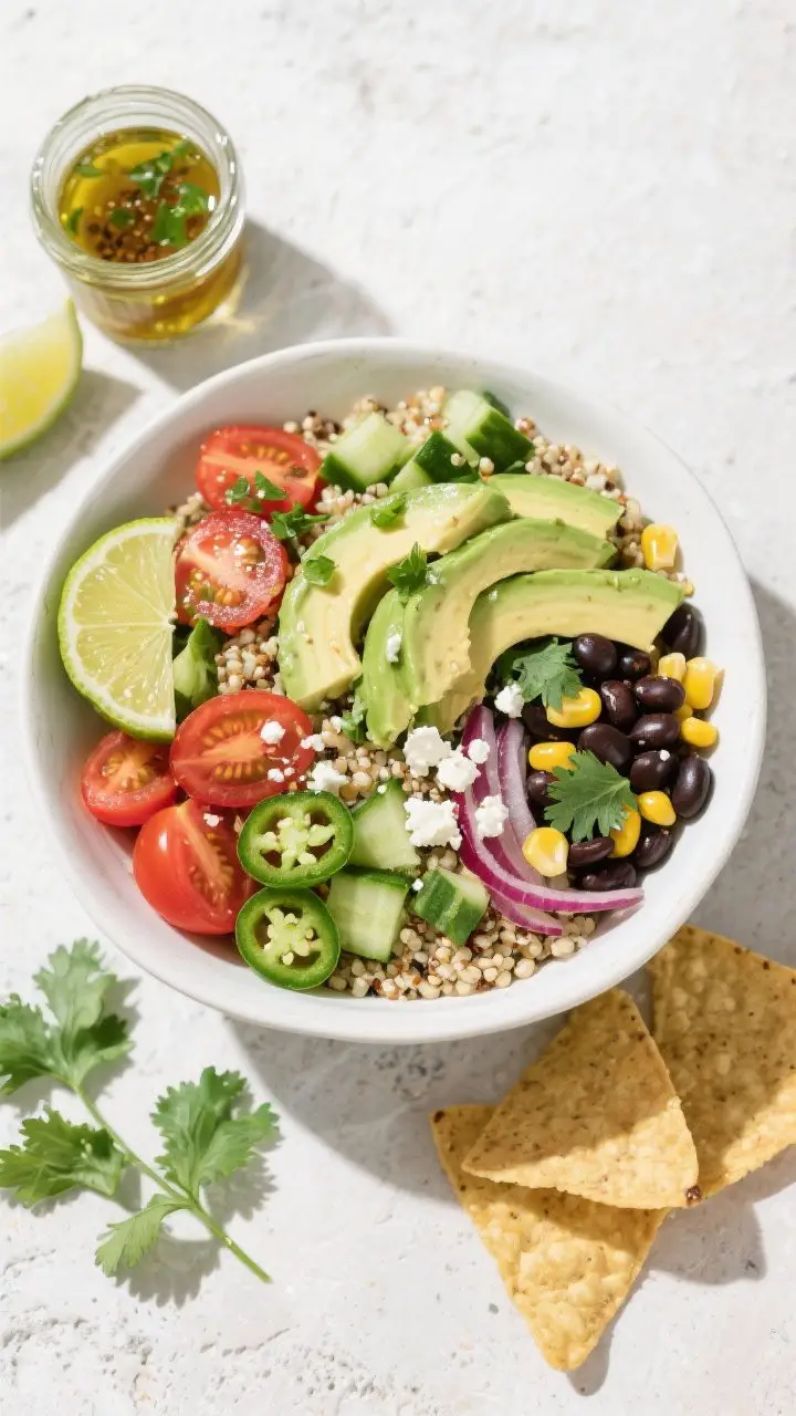 Overhead flat lay of a vibrant Zesty Lime-Quinoa Avocado Bowl in a wide white ceramic bowl: fluffy quinoa, diced ripe avocado folded in, halved cherry tomatoes, diced English cucumber, thin red onion slivers, black beans, corn kernels, chopped fresh cilantro, optional crumbled feta and minced jalapeño. A small glass jar of lime-cilantro dressing (lime juice, olive oil, cumin, honey, grated garlic, black pepper) mid-pour for a glossy sheen. Style with lime wedges, torn cilantro, and scattered tortilla chips on a light stone surface; bright, sunny mood, crisp textures, meal-prep friendly vibe.