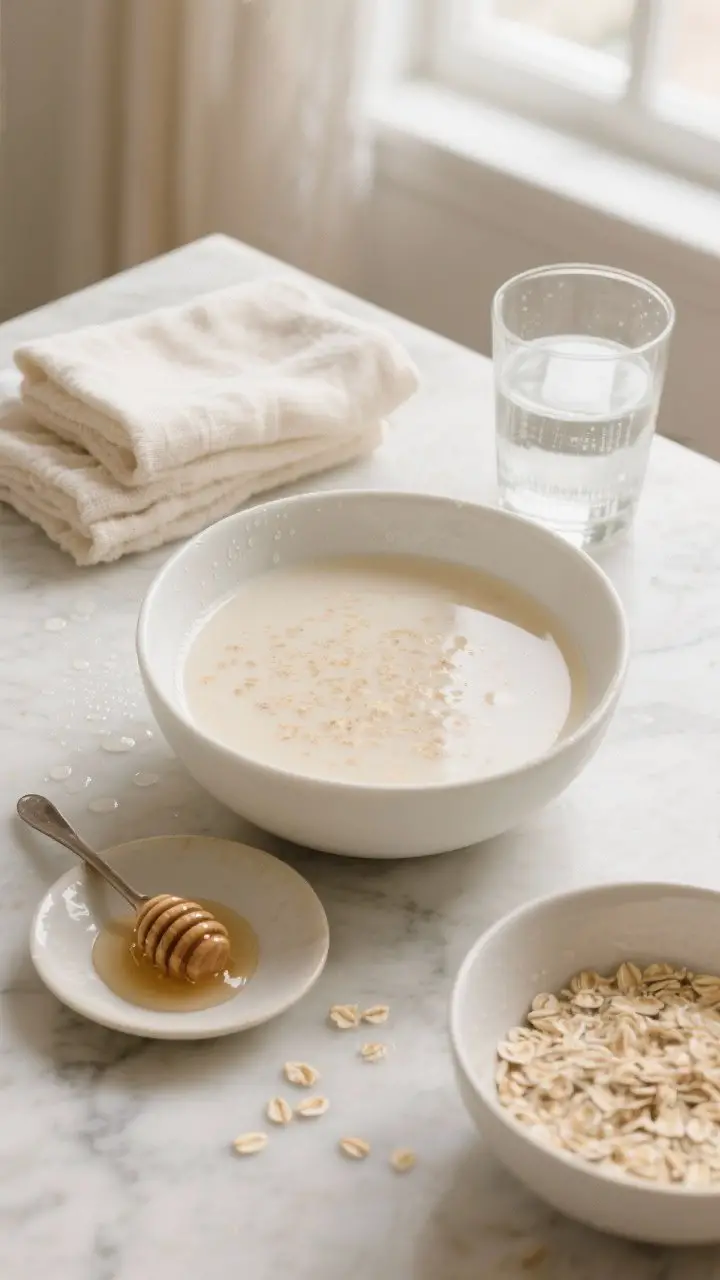 Overhead flat lay of an “oat milk” compress setup: a wide white bowl filled with warm, milky oatmeal water made from colloidal oats (fine flecks visible), a small spoonful of honey on a saucer, and soft cotton cloths partially soaked and neatly folded beside the bowl. Cool, calming palette of cream and beige on a light marble surface, subtle condensation on the bowl, a cloth being gently wrung out on the rim (no hands visible). Include a glass of cool water nearby and a second bowl with extra oat mixture to suggest repeating compresses; soft natural window light, spa-like, serene.