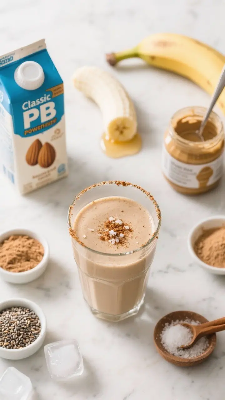 Overhead flat lay of the Classic PB Powerhouse smoothie as a final serve: a thick, creamy peanut-butter banana shake in a clear highball glass with a light cinnamon sprinkle on top, tiny pinch of sea salt visible on the rim, and a subtle drizzle of honey on the surface; props include the exact ingredients styled around the glass—unsweetened almond milk carton, a peeled frozen banana chunk, a jar of natural peanut butter with a spoon, a scoop of vanilla protein powder, ground flaxseed and chia seeds in tiny bowls, a few ice cubes, and a small dish of sea salt; shot on a bright, clean marble surface with soft morning light to evoke post-workout freshness, emphasizing smooth, milkshake-like texture and creamy beige color.