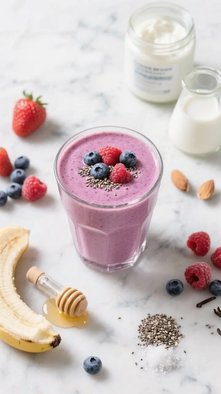 Overhead flat lay of the final Creamy Berry Blast smoothie: a thick, velvety purple-pink smoothie poured into a chilled clear glass, topped with a few extra mixed berries and a sprinkle of chia seeds; visible ingredients scattered artfully around on a cool marble surface—frozen strawberries, blueberries, raspberries, half a frozen banana, a small vial of pure vanilla extract, a drizzle of honey, chia seeds, and a pinch of sea salt; include a jar of plain Greek yogurt and a splash of unsweetened almond milk in a small beaker; bright, refreshing mood, soft natural light, minimal props, crisp highlights to emphasize creamy texture.