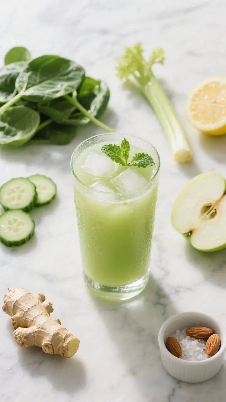 Overhead flat lay of the “Morning Glow Green Juice” final pour: a tall clear glass filled with pale green juice over clinking ice, tiny mint leaves floating, condensation on the glass. Surround with chopped cucumber coins, green apple wedges, a small pile of spinach, a celery stalk, a peeled lemon half, and a nub of fresh ginger on a cool marble surface. Include a small pinch of sea salt and almonds in a ramekin to hint the pro tip. Bright morning light, clean spa vibe, crisp textures, no people.