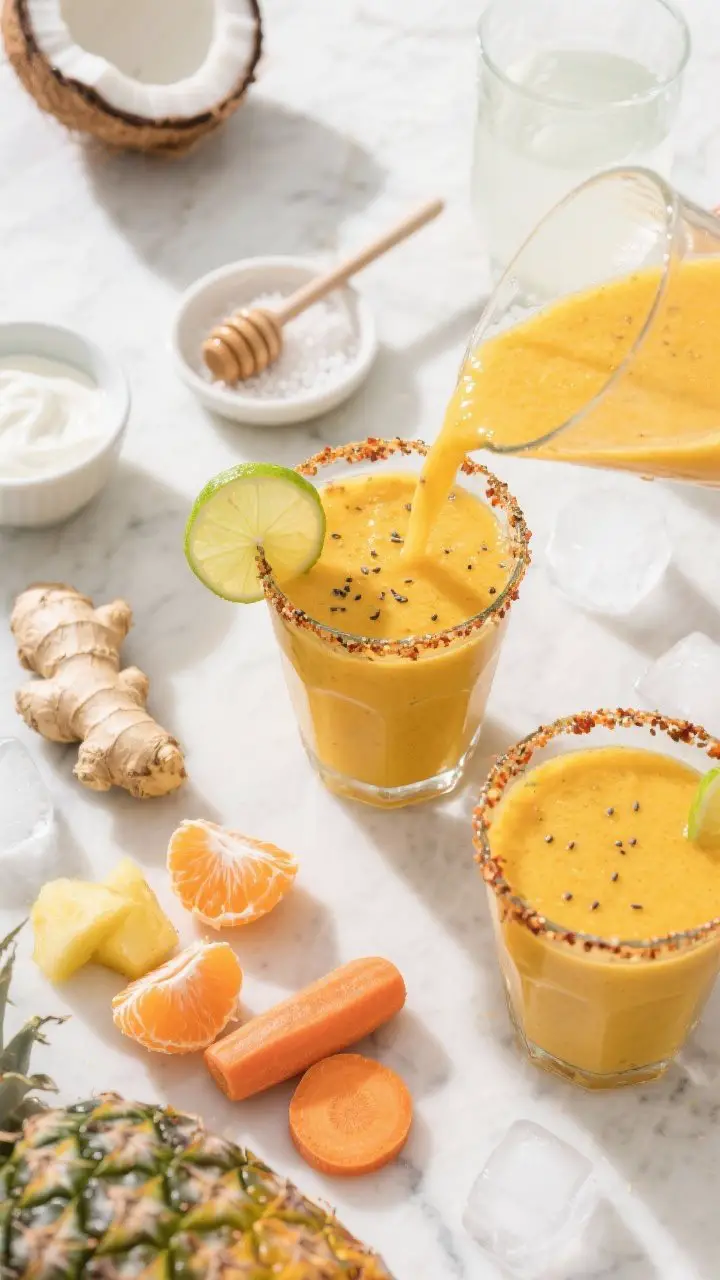 Overhead flat lay of the Sunshine Citrus Ginger Glow-Up smoothie being poured into a chilled clear glass: vibrant orange-yellow hue from orange, pineapple, and carrot, with visible flecks of fresh ginger; props include peeled orange segments, frozen pineapple chunks, sliced carrot coins, a 1-inch peeled ginger piece, a small bowl of plain Greek or coconut yogurt, a glass of coconut water, a tiny dish of sea salt, a honey dipper, and a few ice cubes scattered. Style with a lime wedge and a sprinkle of chia seeds on the rim, option to show a second glass rimmed with chili-lime salt. Bright morning light, crisp shadows, white marble surface, fresh and zippy mood.
