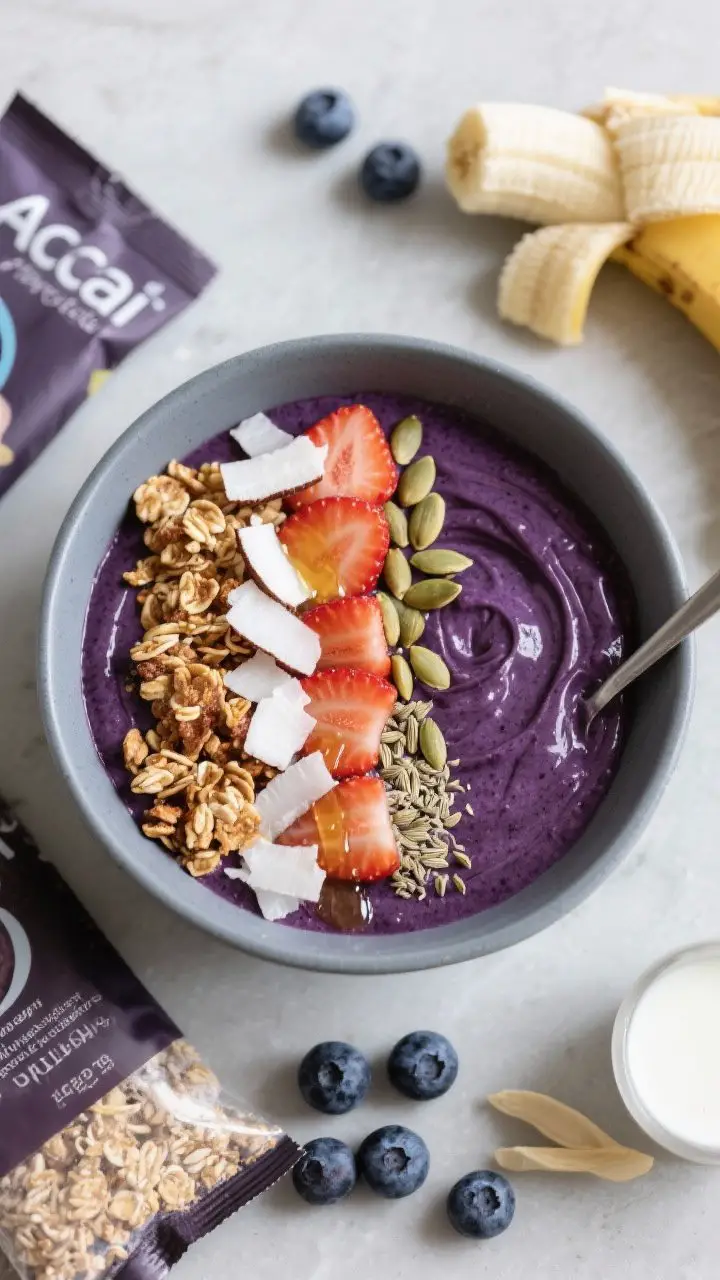 Overhead hero shot of an Acai-Blue Protein Bowl: super-thick, spoonable acai-blueberry base in a chilled matte bowl, deep purple hue with a smooth, swirled surface. Artful toppings in neat rows: granola, sliced strawberries, coconut flakes, pumpkin seeds, and a sprinkle of hemp hearts; a drizzle of honey optional. Visible ingredients on the side: unopened frozen acai packet, frozen blueberries, half a frozen banana, scoop of vanilla/berry protein, and a small splash of coconut milk. Café-at-home brunch mood, high contrast, crisp textures.