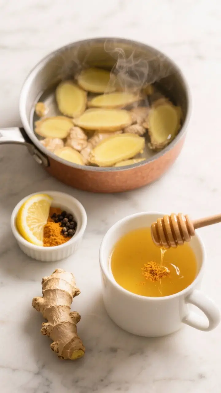 Overhead ingredient-and-process shot: a small saucepan on a light marble surface gently simmering thinly sliced fresh ginger in water, with visible steam; beside it, a white mug holding strained golden liquid being finished with a squeeze of fresh lemon juice, a teaspoon of honey about to drizzle, and a tiny pinch of ground turmeric; include a lemon slice garnish, a nub of fresh ginger, a pinch of black pepper in a ramekin (for turmeric absorption), and a warm, cozy morning vibe—bright yellows and ambers, clean minimal styling, no people.