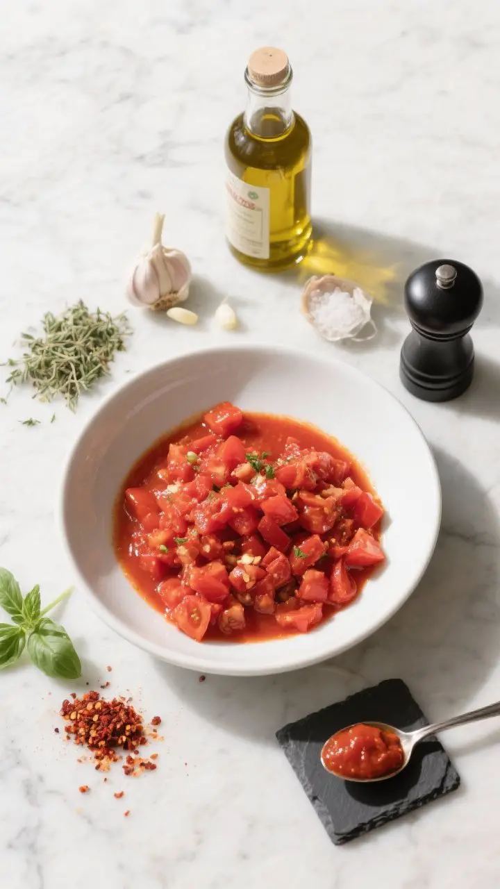Overhead ingredient flat lay for Classic New York–style no-cook red sauce: a wide white ceramic bowl with hand-crushed San Marzano tomatoes showing small chunks and juices, surrounded by a bottle of extra-virgin olive oil, finely minced garlic, pinches of dried oregano and basil, crushed red pepper flakes, sea salt, black pepper grinder, and a tiny spoonful of tomato paste on a slate spoon; bright, clean lighting on a marble surface, minimal props, pizzeria vibe, crisp shadows, emphasis on vibrant red, golden oil sheen, and rustic tomato texture.