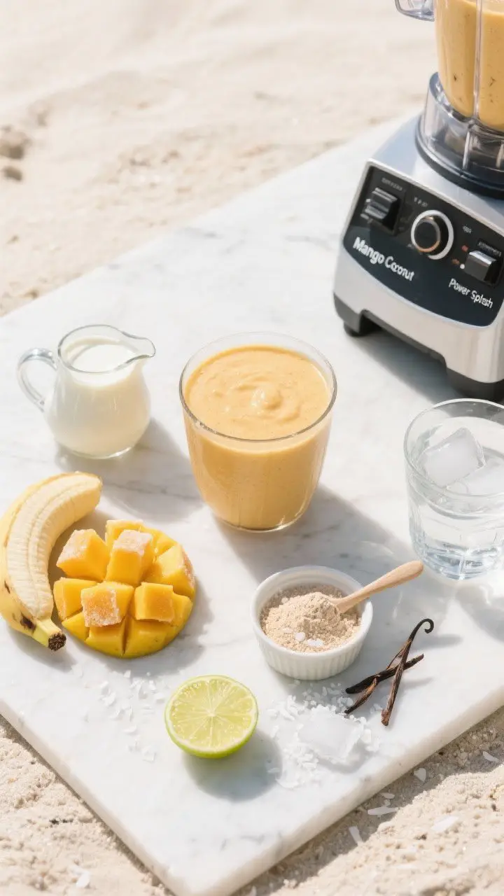 Overhead ingredient flat lay for “Mango Coconut Power Splash”: frozen mango chunks, half a frozen banana, light coconut milk in a small pitcher, plain Greek yogurt in a ramekin, a scoop of vanilla protein powder, unsweetened shredded coconut, a lime wedge with a few drops of juice, a pinch of sea salt in a pinch bowl, and ice cubes/water glass; bright, beachy styling on a sunlit white marble surface with a high-speed blender jar ready; warm tones of mango and coconut, minimal props, clean and inviting.