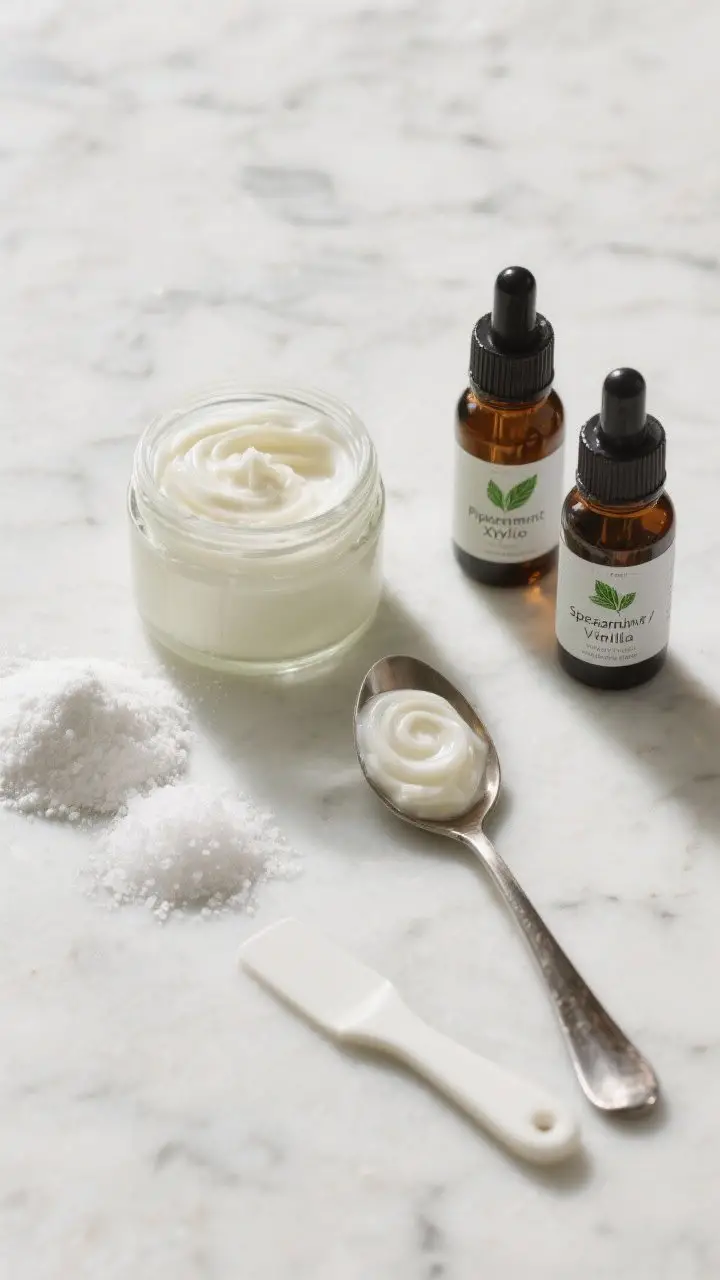Overhead ingredient flat lay on a cool marble surface: a small glass jar of creamy, whipped coconut oil next to neat mounds of baking soda and xylitol powder, a tiny pinch of fine sea salt, and two amber dropper bottles labeled peppermint and spearmint/vanilla; a spoon with a glossy, spa-like coconut-mint toothpaste swirled on it shows a silky, spreadable texture. Minimalist, bright lighting, soft shadows, crisp details, no people, hygienic vibe with a clean spatula beside the jar.