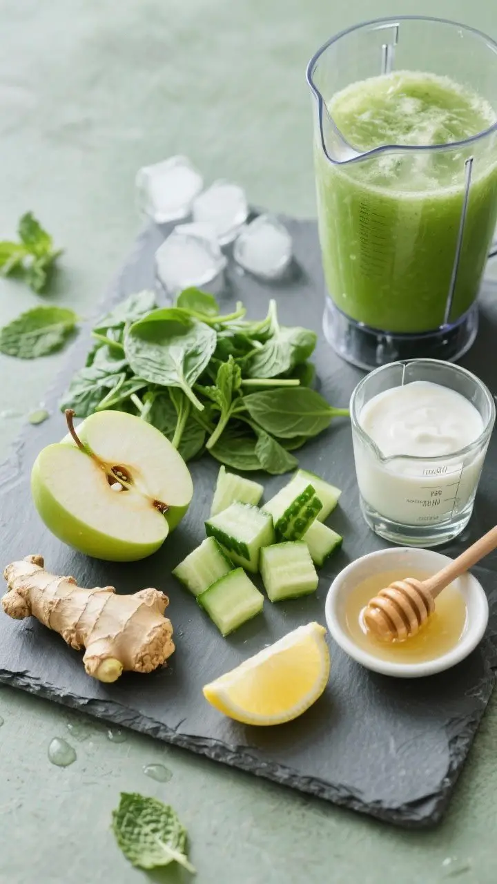 Overhead ingredient-prep shot for the Green Apple Ginger Refresher on a cool slate board: chopped tart green apple with skin on, half English cucumber chunks, a loose pile of baby spinach, peeled 3/4-inch ginger piece, lemon wedge for the tablespoon of juice, a small glass of plain kefir (or yogurt) and a beaker of cold water, honey in a tiny dish, and a handful of ice cubes. A blender jar sits open ready to load, fresh mint leaves scattered as an optional boost. Cool green palette, crisp, spa-like feel, soft diffused daylight.