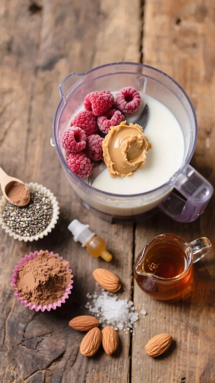 Overhead ingredient-to-blend scene for the Raspberry Almond Butter Cup Builder: unsweetened almond milk poured into a blender, almond butter dollop and chia seeds already in, with frozen raspberries, a scoop of vanilla or chocolate protein powder, almond extract dropper, a pinch of sea salt, and a small pitcher of maple syrup set aside. Rich magenta and nutty beige tones, minimal rustic wood background, labeled mise en place feel, showcasing tart-nutty contrast before blending.