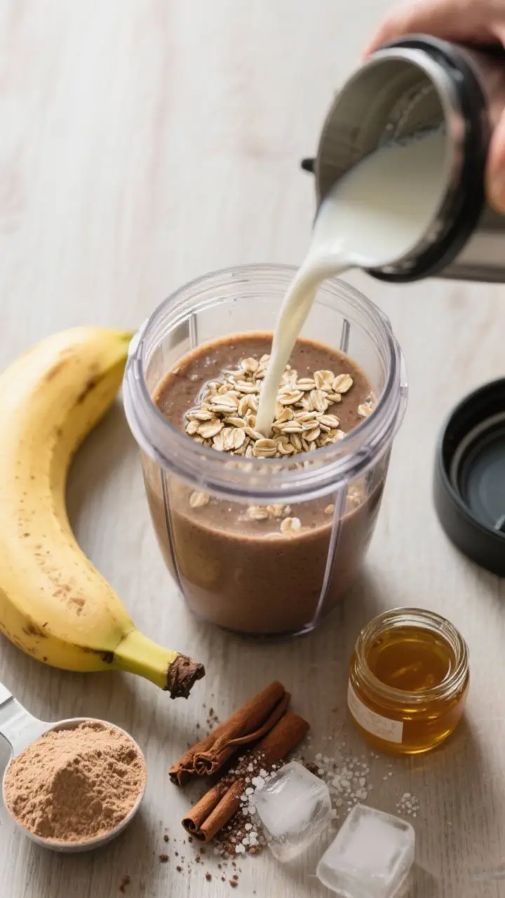 Overhead ingredient-to-blender action shot for Coffee Buzz Banana Oat Smoothie: open blender jar with cold brew coffee and milk already inside, rolled oats sprinkled on top mid-pour; nearby are a ripe banana, a scoop of vanilla protein powder, cinnamon, a touch of cocoa powder, honey in a tiny jar, a pinch of sea salt, and a few ice cubes ready to add; neutral wooden surface, morning light, purposeful composition showing texture of oats and deep coffee tones.