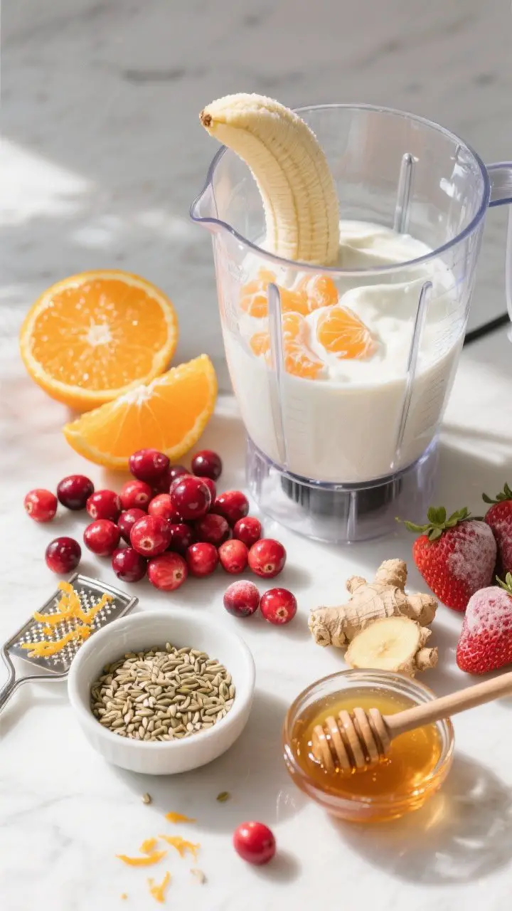 Overhead ingredient-to-blender action shot for Cranberry-Orange Ginger Zinger: bright ruby cranberries and orange segments poised beside a blender jar partially filled with water/OJ blended with Greek yogurt; include half a frozen banana and a small pile of frozen strawberries as an alternative, a teaspoon of freshly grated ginger, hemp seeds in a small bowl, and a honey/maple syrup spoon glistening; a few loose cranberries rolling and a microplane with orange zest; crisp, vibrant color palette (cranberry red, citrus orange, creamy white), energetic morning light to suggest zing and freshness.