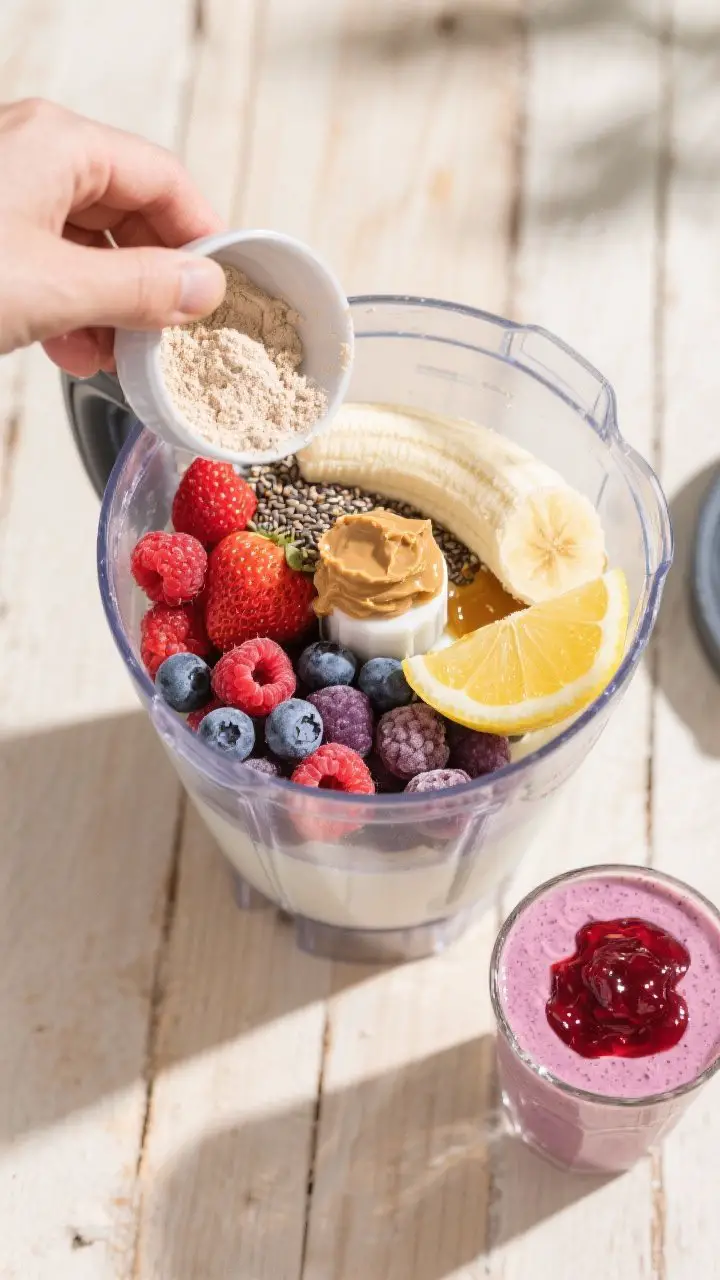 Overhead ingredient-to-blender action shot for the PB&J Gains Smoothie: open blender jar centered with unsweetened vanilla almond milk at the base, layered by frozen mixed berries (strawberries, raspberries, blueberries), half a frozen banana, 2 tablespoons peanut butter dolloped on top, a scoop of vanilla protein powder, chia seeds sprinkled in, a small pool of honey/date syrup and a wedge of lemon ready to squeeze; vibrant berry reds and purples pop against a light wood backdrop; a finished glass off to the side with a swirl of warmed berry jam on top for drama; bright, energetic daylight, crisp styling to emphasize fruity gloss and PB richness.