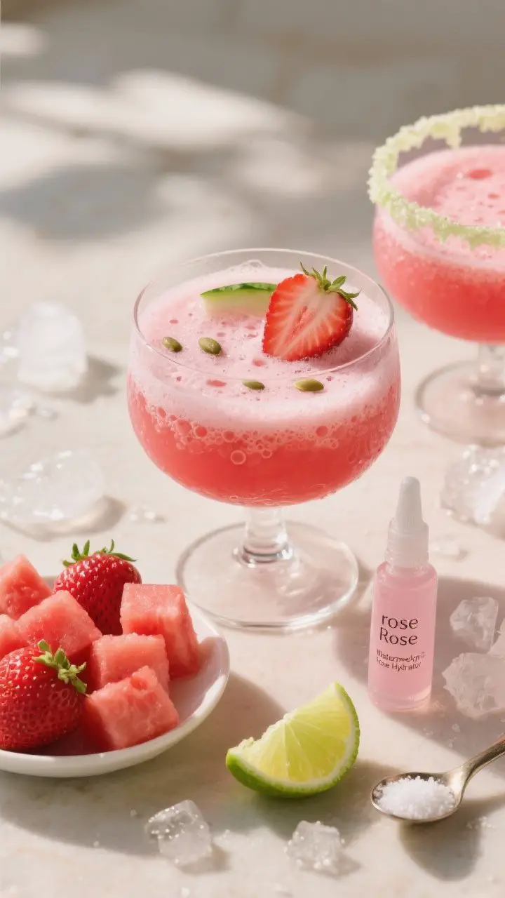 Overhead ingredient-to-final composition for the “Watermelon Rose Hydrator”: a wide shallow glass filled with frothy pink-red juice, tiny bubbles on the surface, a thin slice of strawberry floating, and a few watermelon seeds for visual interest; off to the side, cubed seedless watermelon, hulled strawberries, a small dish with “rose water” labeled dropper, a wedge of lime and a small spoon of agave; optional salt-sugar-lime rim on a second glass to show serving suggestion; crushed ice scattered for freshness; summer vibe with soft, diffuse light and a cooling palette of pinks, reds, and lime-green accents.