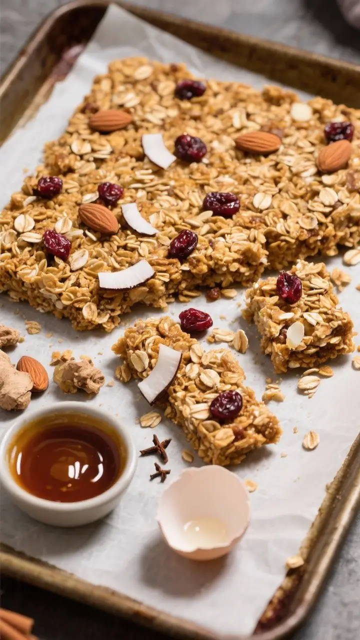 Overhead ingredient-to-final transformation on a parchment-lined sheet pan: large golden granola slab broken into chunky clusters, visible rolled oats, sliced almonds, coconut flakes, and dried cranberries; warm gingerbread tones from molasses, ginger, cinnamon, and cloves; a small bowl with glossy maple-molasses mixture and a cracked egg showing the egg white nearby; crisp, contrasty studio light emphasizing texture.