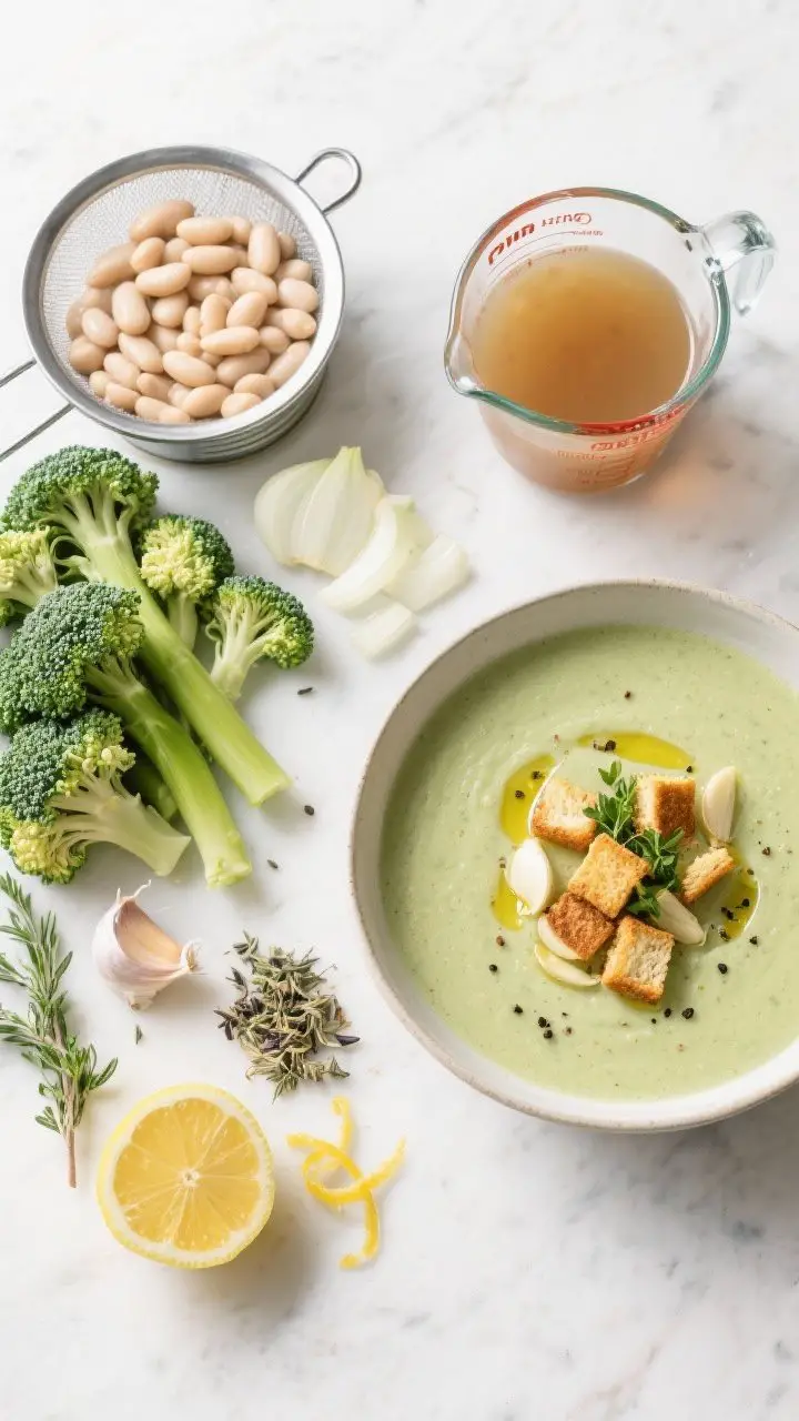 Overhead ingredient-to-final transition flat lay for broccoli, white bean, and lemon soup: left side shows neat clusters of raw elements—broccoli florets and peeled tender stems, a can of cannellini beans (rinsed in a sieve), chopped onion, garlic, dried thyme, parsley, lemon (zest curls and halved), and vegetable broth in a measuring jug. Right side shows the finished silky pale-green soup in a wide bowl, topped with warm golden garlic croutons, a drizzle of olive oil, cracked black pepper, and a sprinkle of parsley. Clean, airy styling, soft daylight, emphasizing hearty, bright, and budget-friendly meal-prep vibes.
