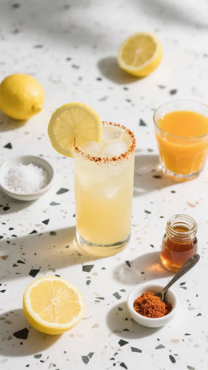Overhead ingredients-to-final transition: Spicy Cayenne Lemonade with Sea Salt Electrolytes on a white terrazzo surface. Center: a tall glass filled with iced lemonade, pale golden hue, a light cayenne dusting on top and a lemon wedge garnish. Surrounding radial layout: halved lemons with visible juice, a tiny bowl of fine sea salt, a maple syrup jar with a spoon, and a pinch bowl of cayenne. A second small glass with a splash of fresh orange juice off to the side as a variation cue. Clean, energetic, “reset” vibe with sharp, refreshing clarity.