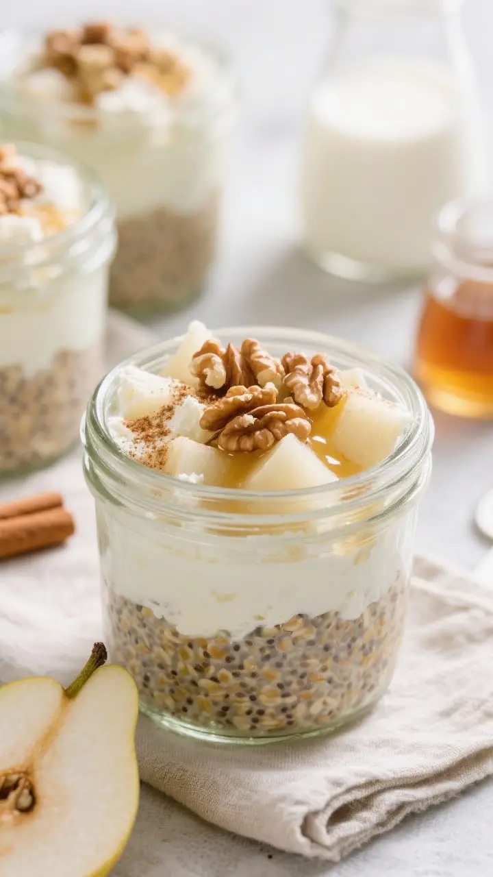Overhead layered parfait of Cinnamon Pear Cottage Cheese Overnight Oats: a clear glass jar showing distinct strata—cinnamon-vanilla chia oats on the bottom, a thick layer of cottage cheese, a generous layer of diced ripe pear, topped with chopped walnuts, a light honey drizzle, and a dusting of extra cinnamon; additional jars prepped in the background, milk and maple syrup props on a linen napkin; cool morning light highlighting the creamy, juicy, and crunchy textures for a make-ahead breakfast vibe.