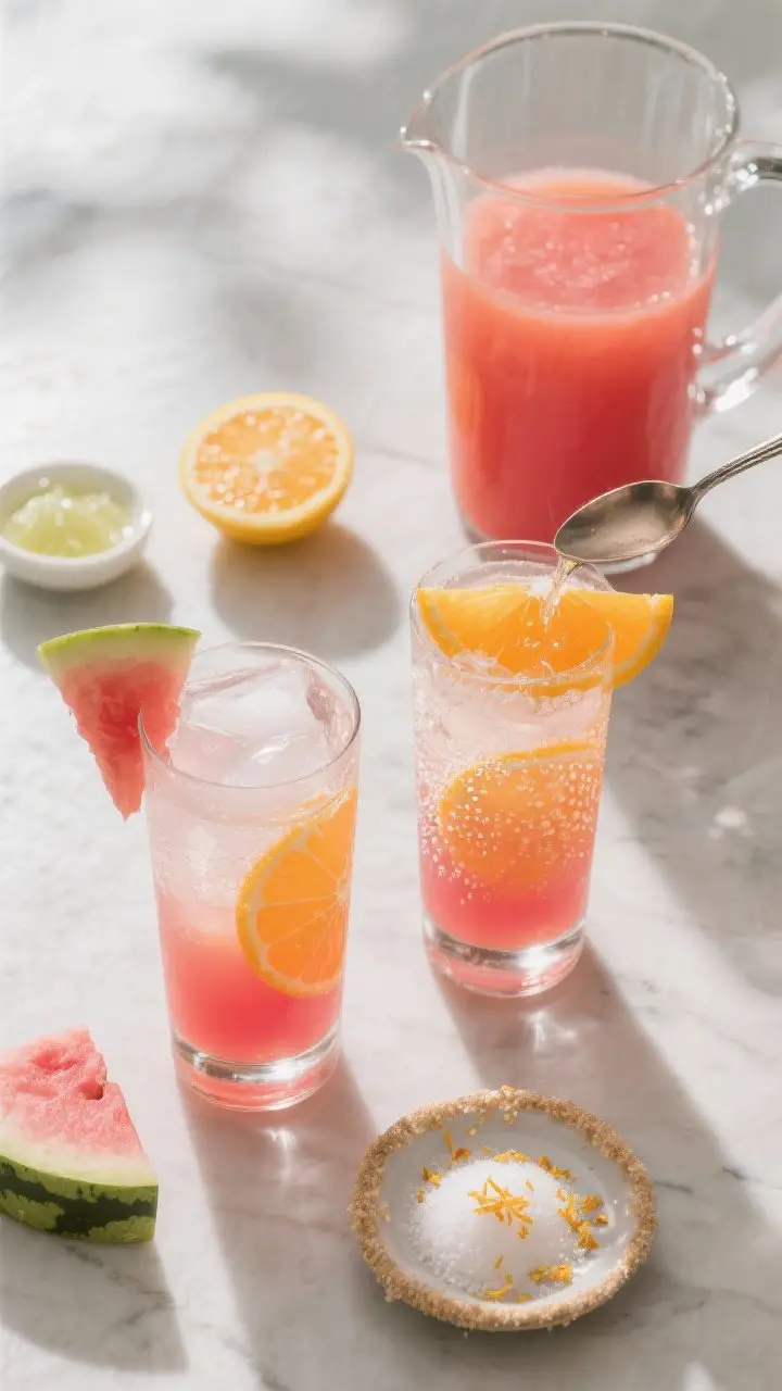 Overhead layered presentation of the Sunset Watermelon-Orange Spritz: two tall Collins glasses filled with ice showing a soft gradient—deep pink watermelon base marbled into bright orange from fresh orange juice, topped with sparkling water bubbles; one glass being topped via a spoon-back pour for a “sunset” effect; garnishes of an orange slice and a tiny watermelon wedge on the rim; nearby pitcher with the premixed juice, lemon wedge, small dish of agave, and a plate with sugar mixed with citrus zest for optional rimming; brunchy, celebratory mood with crisp highlights and clean glass reflections on a light stone surface.